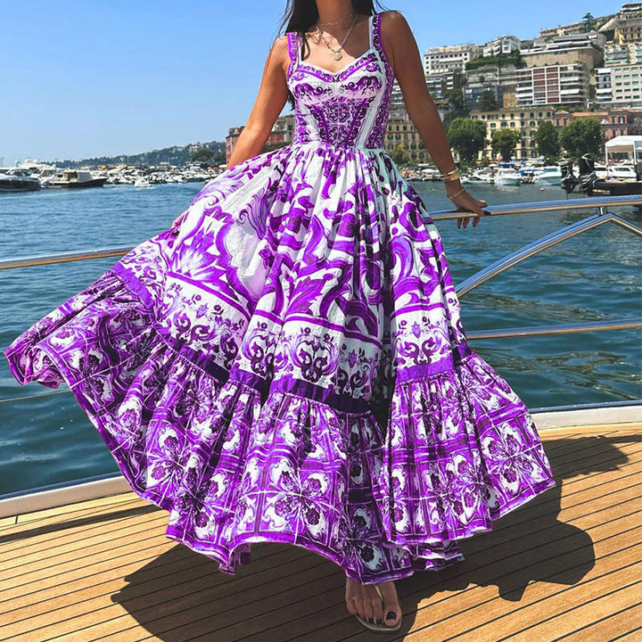 Women’s Maxi Dress – Flowing Fit – Breathable Blend – Tiered Skirt – Printed Design