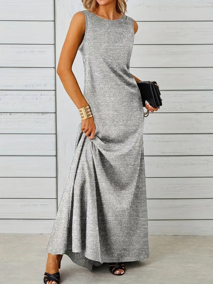 Women’s Maxi Dress – Sleeveless A-Line – Lightweight Fabric – High Neck Minimalist Style