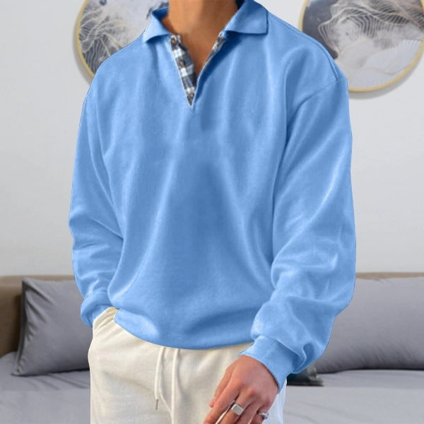Men’s Sweatshirt – Soft Knit – Loose Fit – V-Neck Lapel – Ribbed Cuffs – Casual Wear