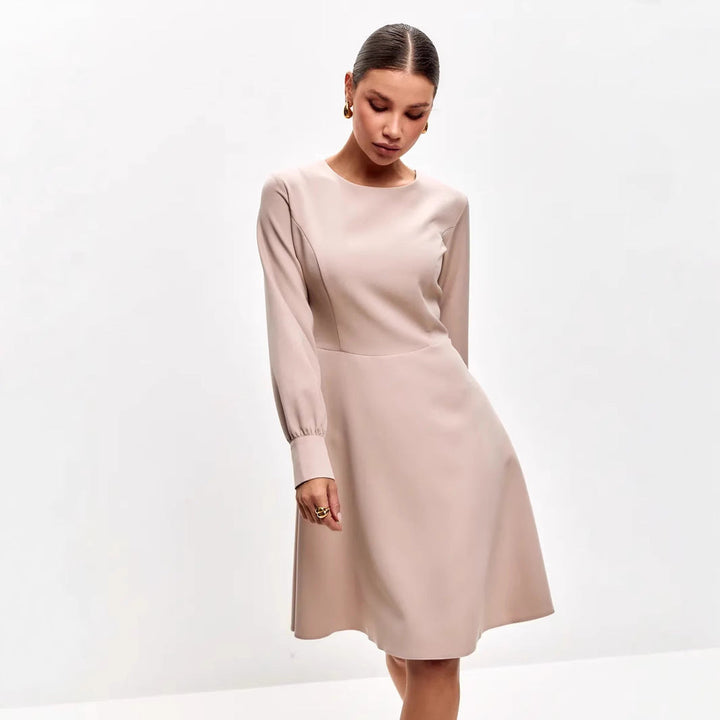 Women’s Midi Dress – Tie Waist – Puff Sleeve – A-Line Silhouette – Round Neckline
