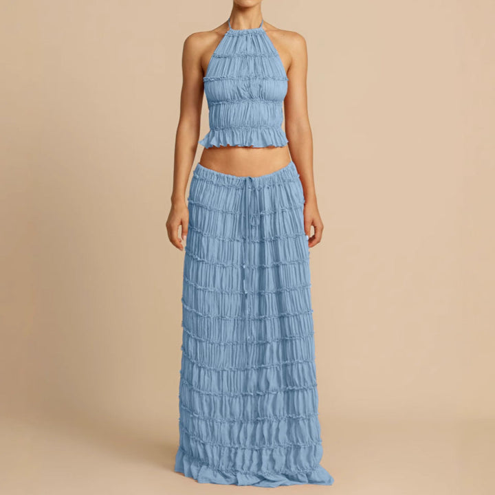 Women’s Two-Piece Set – Ruched Halter Top – Elastic Waist Maxi Skirt – Soft Stretch Fabric