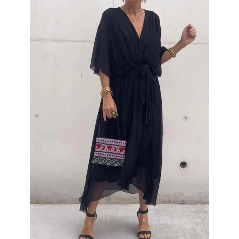 Women’s Maxi Dress – Flowing Fit – Batwing Sleeves – Tie Waist – Asymmetrical Hem