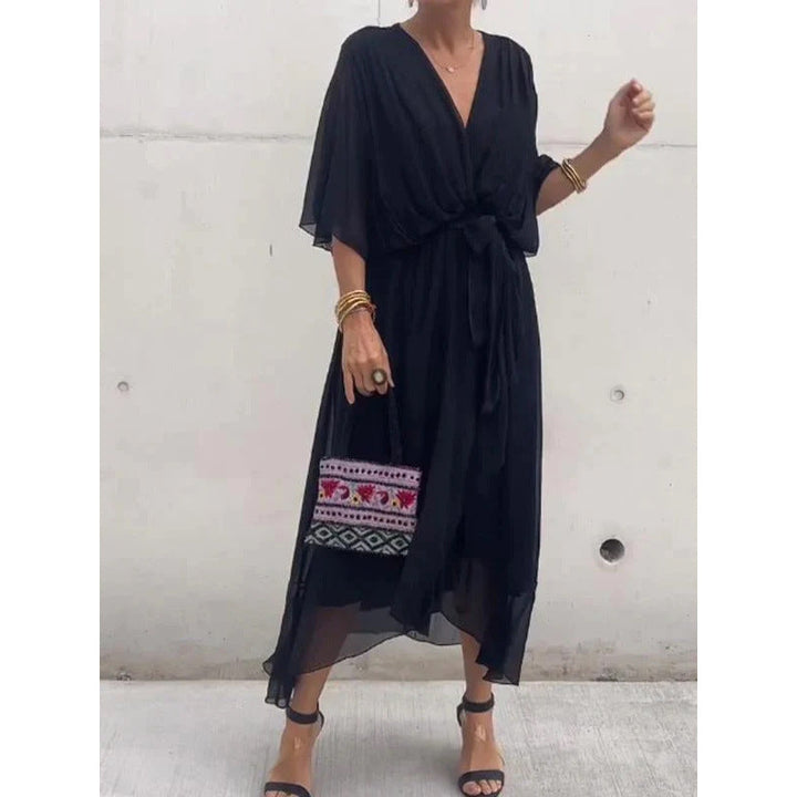 Women’s Maxi Dress – Flowing Fit – Batwing Sleeves – Tie Waist – Asymmetrical Hem