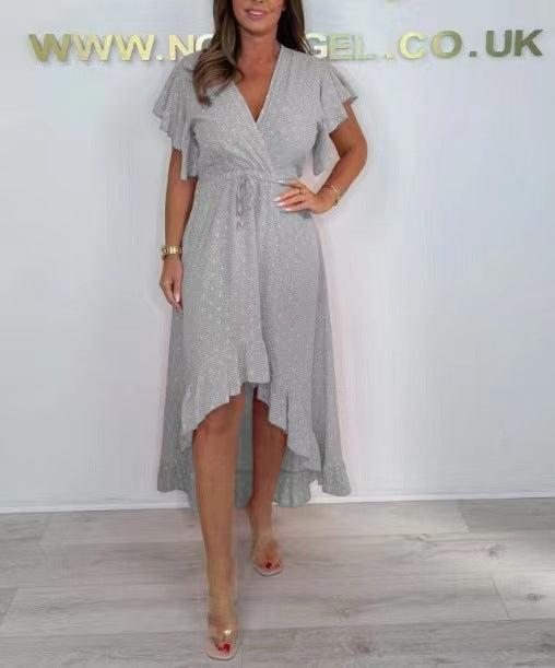 Women’s Wrap Dress – Luxury Fabric – Midi Length – High-Low Hem – Ruffled Sleeves