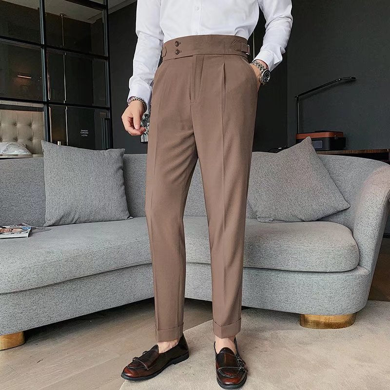 Men’s Tailored Trousers – Formal Fit – High-Rise Waist – Pleated Front – Cuffed Hem