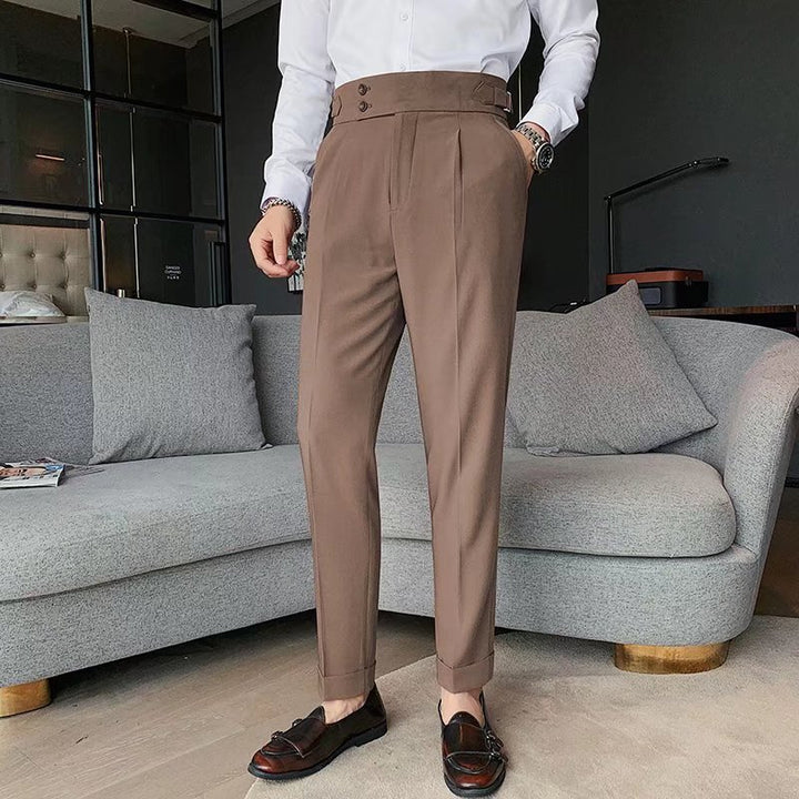 Men’s Tailored Trousers – Formal Fit – High-Rise Waist – Pleated Front – Cuffed Hem