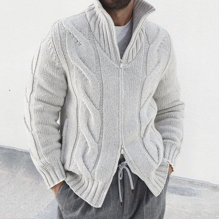 Men’s Knit Cardigan – Wool Blend – High Neck – Cable Knit Sleeves – Zip Front – Relaxed Fit