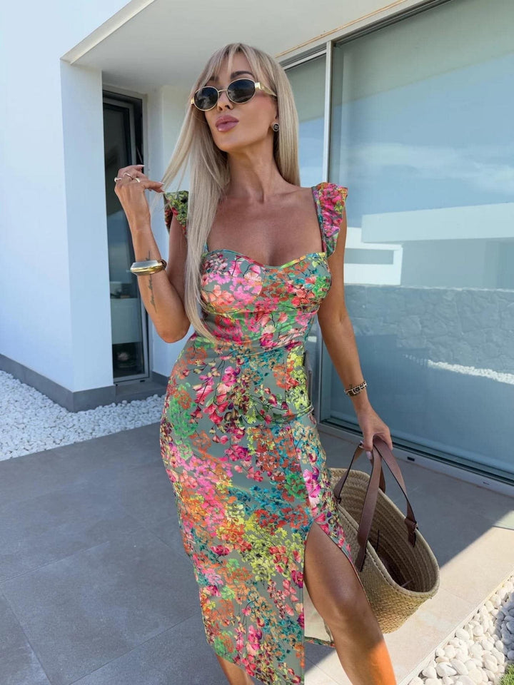 Women’s Midi Dress – Slim Fit – Ruffled Straps – Floral Print – Side Slit – Breathable Blend