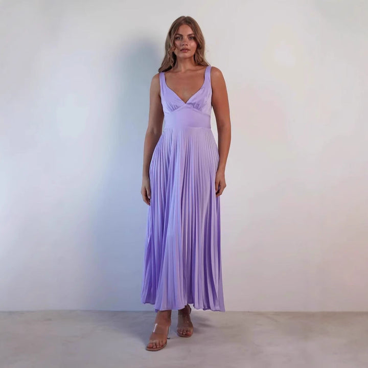 Women’s Midi Dress – V-Neck – Pleated Skirt – Sleeveless – Flowy Elegant Fit