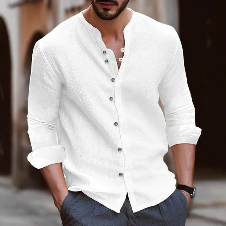 Men’s Long Sleeve Shirt - Cotton Linen Blend - Relaxed Fit - Band Collar Button-Up Casual Wear