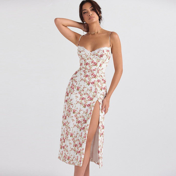 Women’s Midi Dress – Fitted Silhouette – Spaghetti Straps – Sweetheart Neckline – Front Slit