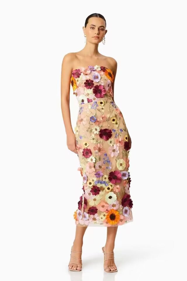Women’s Strapless Dress – Slim Fit – Sheer Mesh – 3D Floral Appliqué – Midi Length