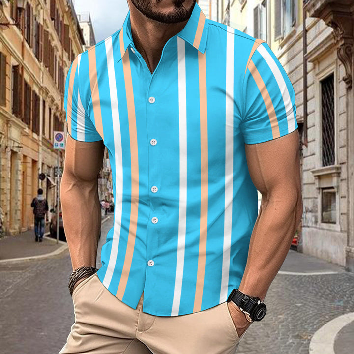 Men’s Short Sleeve Shirt - Slim Fit - Cotton - Vertical Stripe - Casual