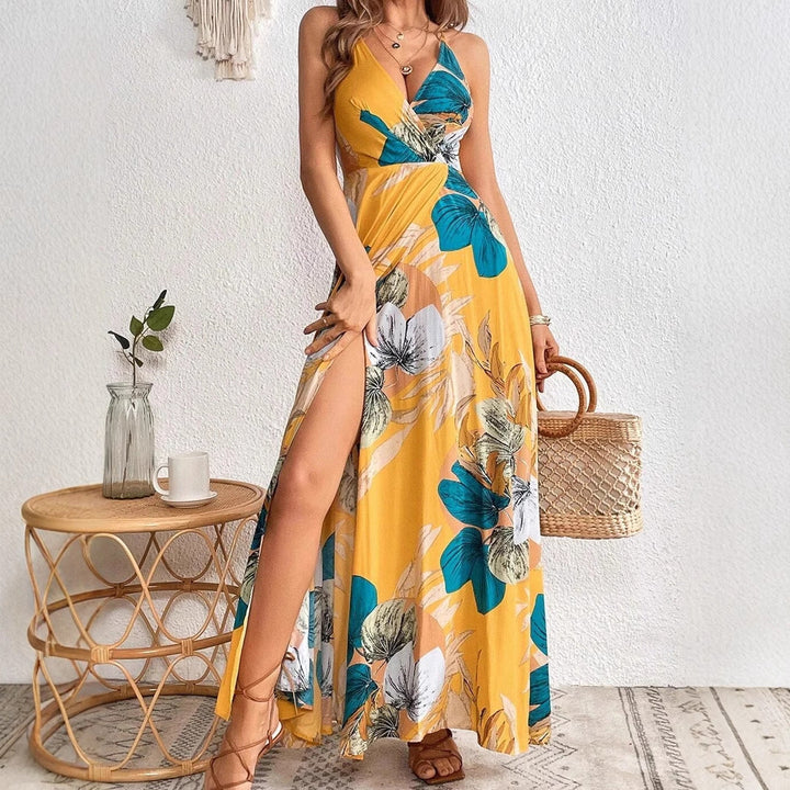 Women’s Maxi Dress – Flowing Fit – Deep V-Neck – High Slit – Tropical Floral Print