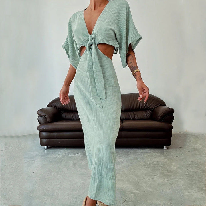 Women’s Maxi Dress - Slim Fit - V-Neck - Waist Cut-Out - Backless - Breathable Blend