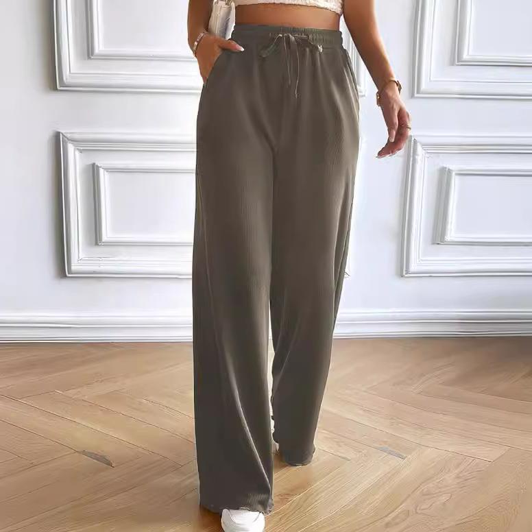 Women’s Wide-Leg Pants - Relaxed Fit - Elastic Waist with Drawstring - Full Length