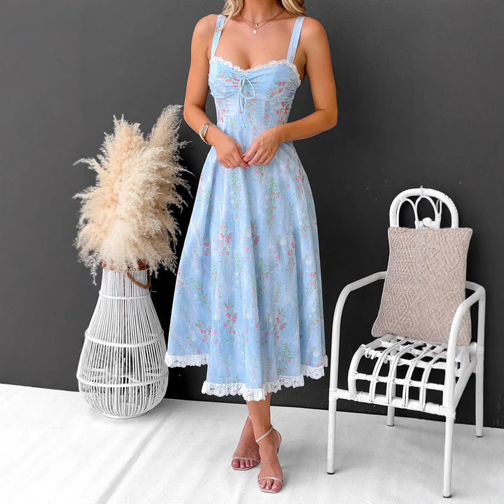 Women’s Midi Sundress - A-Line Fit - Sweetheart Neckline - Lace Trim - Floral Print