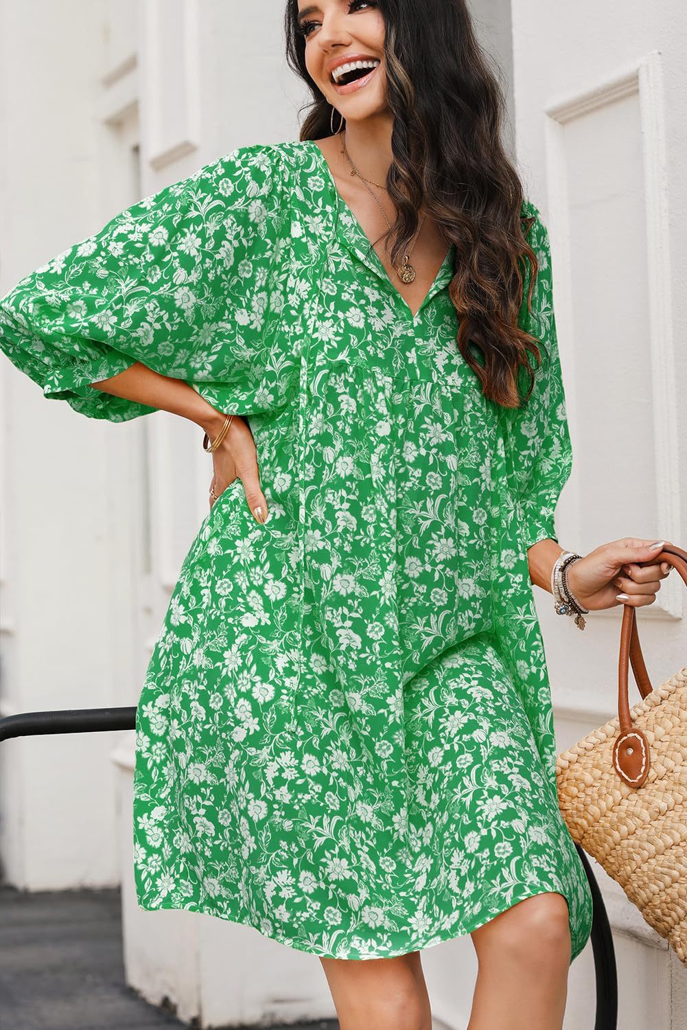 Women’s Midi Dress – V-Neck – Long Sleeve – Relaxed Fit – Floral Print – Lightweight Fabric