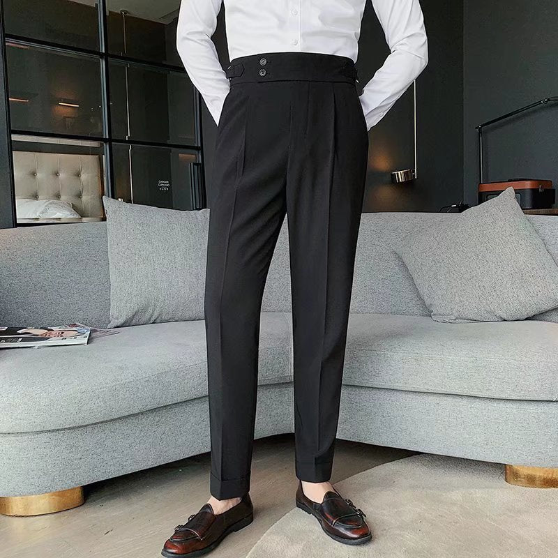 Men’s Tailored Trousers – Formal Fit – High-Rise Waist – Pleated Front – Cuffed Hem