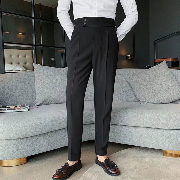 Men’s Tailored Trousers – Formal Fit – High-Rise Waist – Pleated Front – Cuffed Hem
