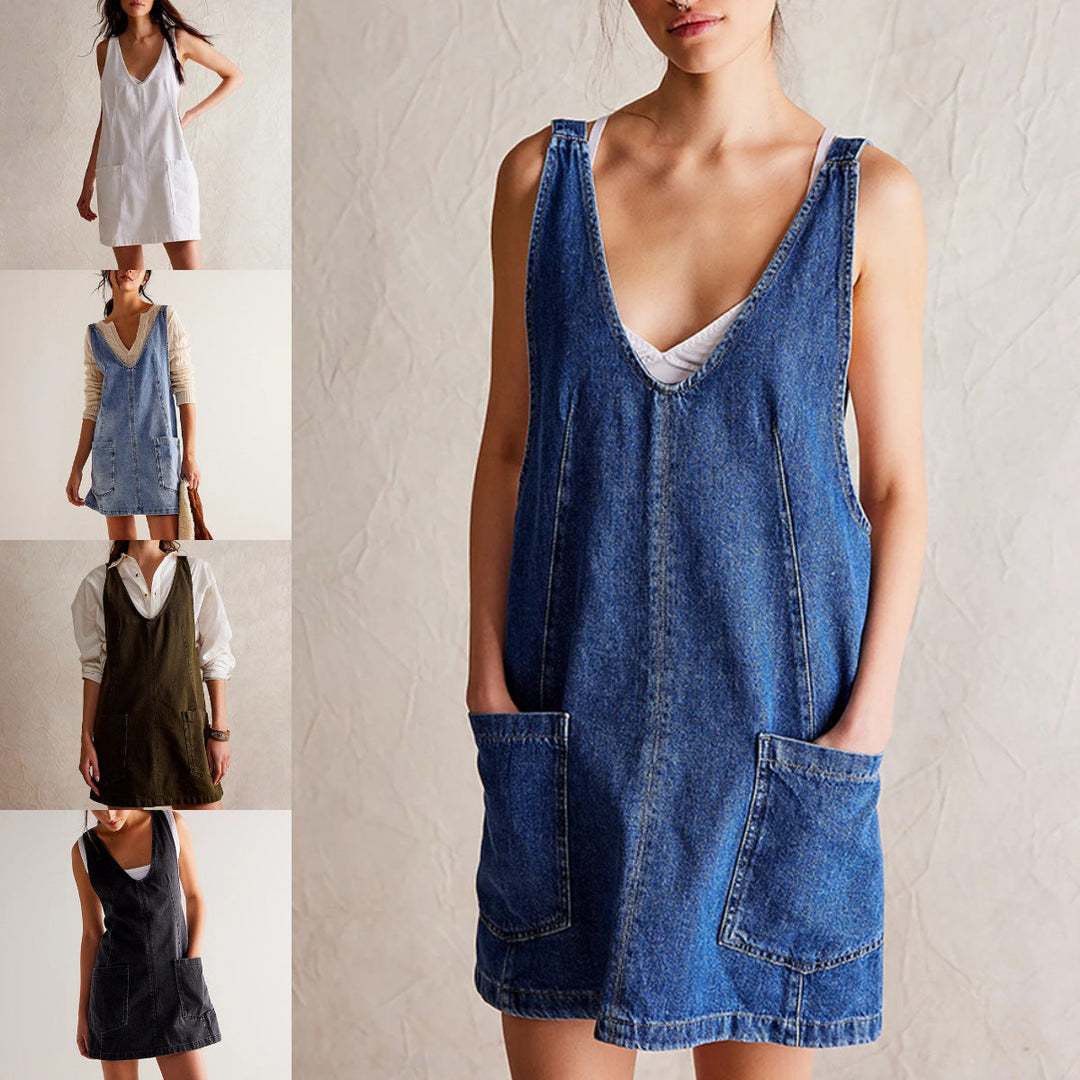 Women’s Mini Dress – Natural Fibers – Relaxed Fit – Deep V-Neck – Sleeveless with Pockets