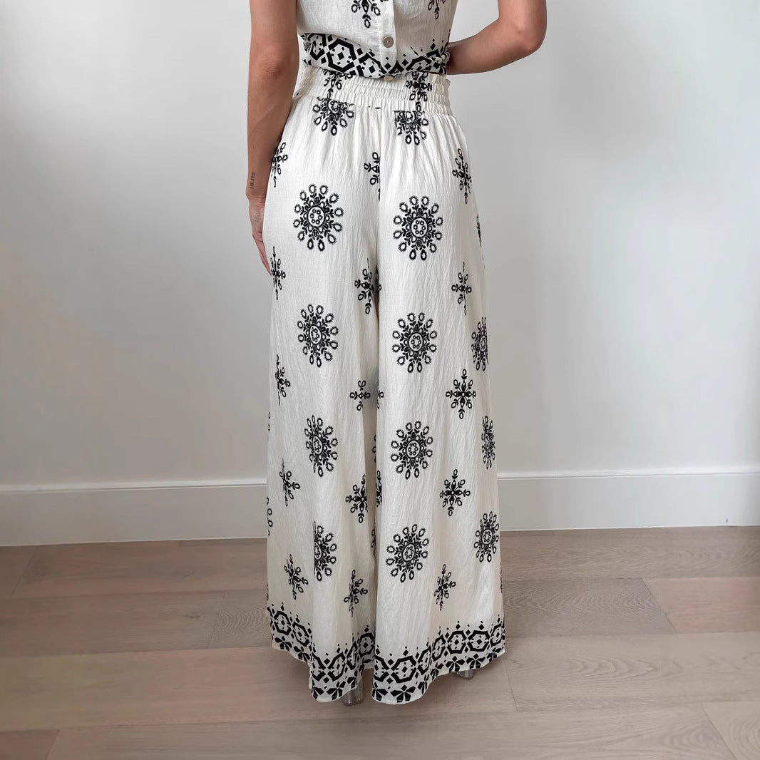 Women’s Two-Piece Set - Embroidered Crop Top and High-Waist Wide-Leg Pants - Relaxed Fit