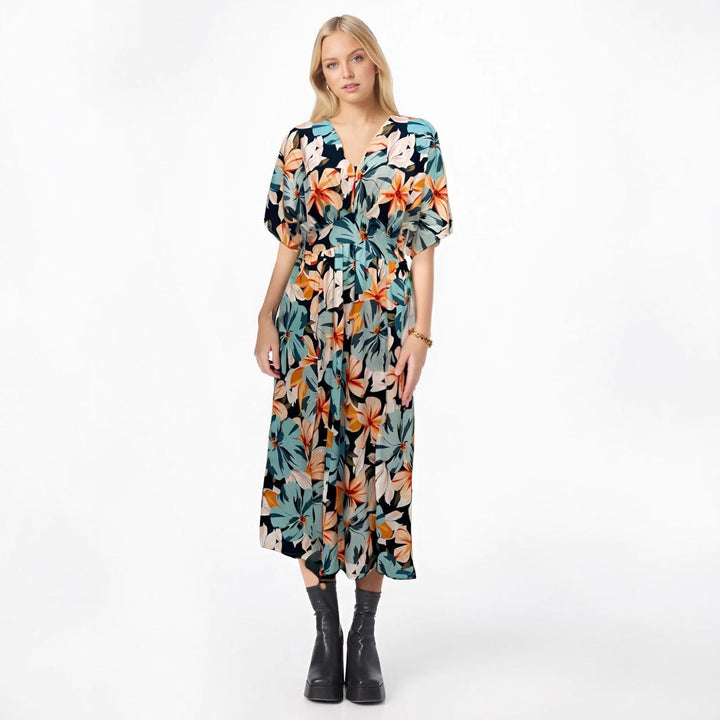 Women's Maxi Dress – V-Neck – Relaxed Fit – Short Sleeve – Floral Print – Flowing Silhouette