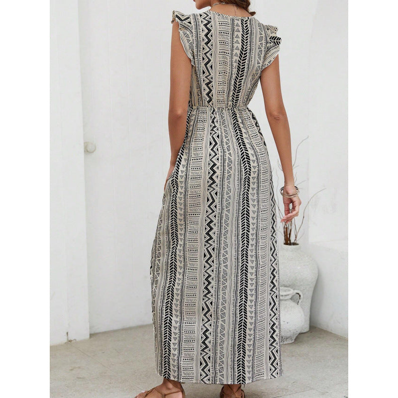 Women’s Maxi Dress – Slim Fit – V-Neck – Ruffle Cap Sleeves – Side Slit – Geometric Print