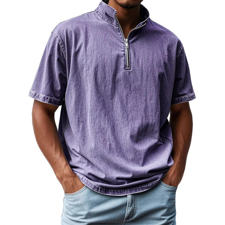 Men’s Short Sleeve Shirt - Fitted Retro Style - Zip Front - Stand Collar - Breathable Blend