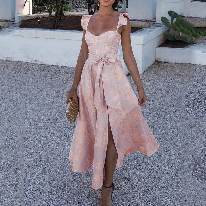Women’s Midi Dress – Cotton A-Line – Sweetheart Neckline – Tie Straps – Waist Bow