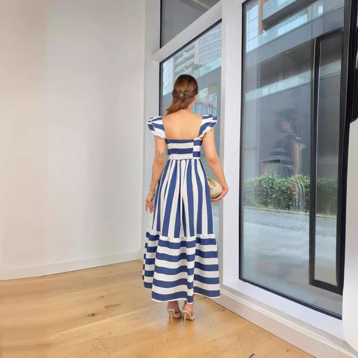 Women’s Maxi Dress – Fitted Bodice – Square Neck – Tiered Skirt – Flutter Sleeve – Striped