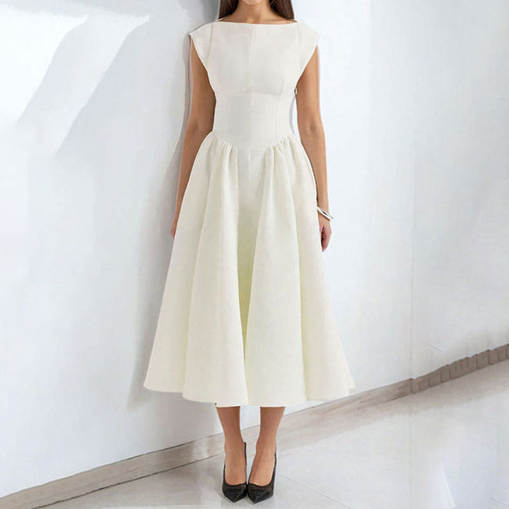 Women’s Midi Dress - Fitted Bodice - Pleated Flared Skirt - Sleeveless High Neckline