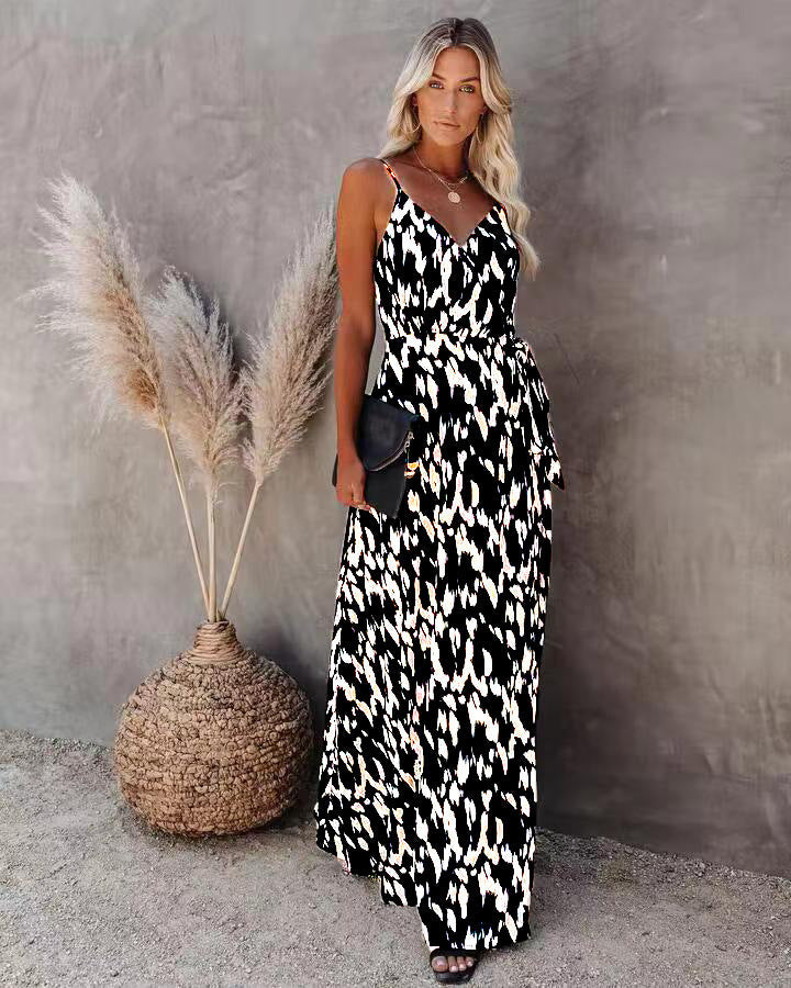 Women’s Long Dress – Slim Fit – V-Neck – Spaghetti Straps – Printed A-Line Silhouette