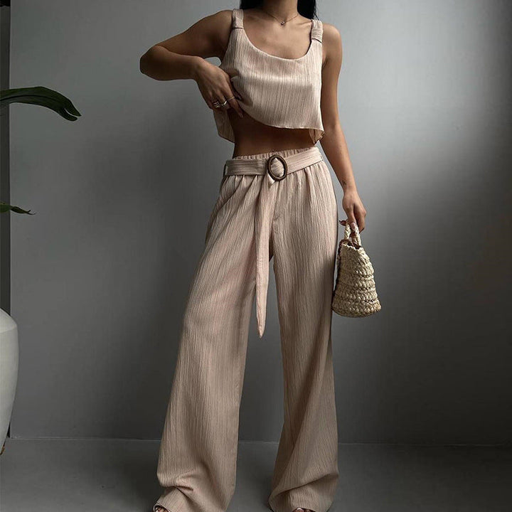Women’s Two-Piece Set – Crop Top & Wide-Leg Pants – Lightweight Crinkled Fabric – Relaxed Fit