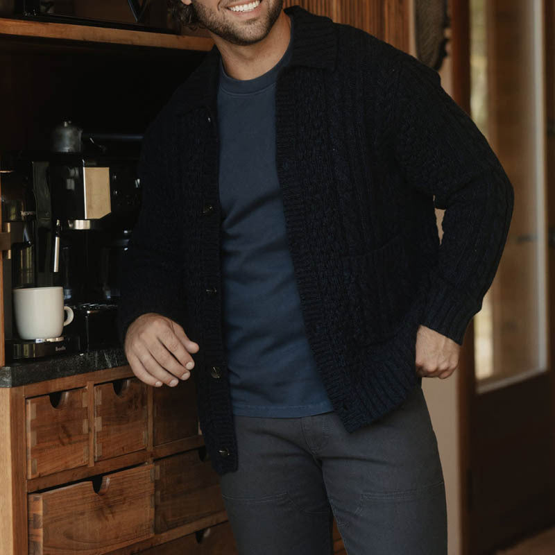 Men’s Cardigan - Relaxed Fit - Cable Knit Texture - Button-Up with Collar and Pockets