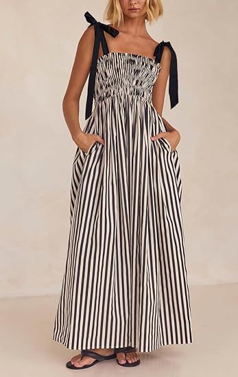 Women’s Maxi Dress – Shirred Bodice – Spaghetti Straps – Flowy Skirt – Side Pockets
