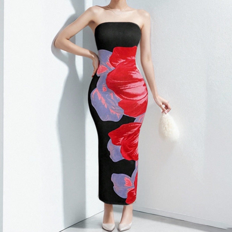 Women’s Strapless Dress - Bodycon Fit - Floral Print - Ankle Length Elegant Silhouette