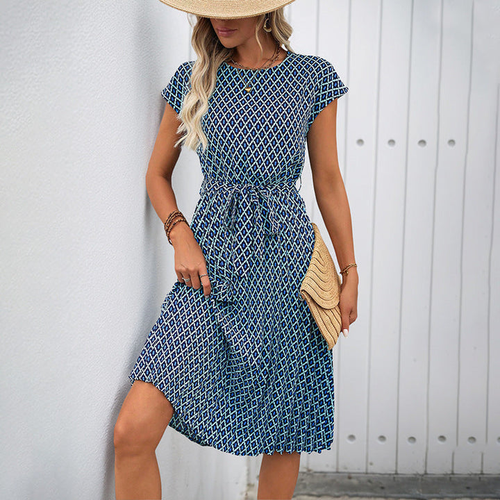Women’s Midi Dress - Relaxed Fit - Tie Waist - Short Sleeve - Breathable Blend - Graphic Pattern