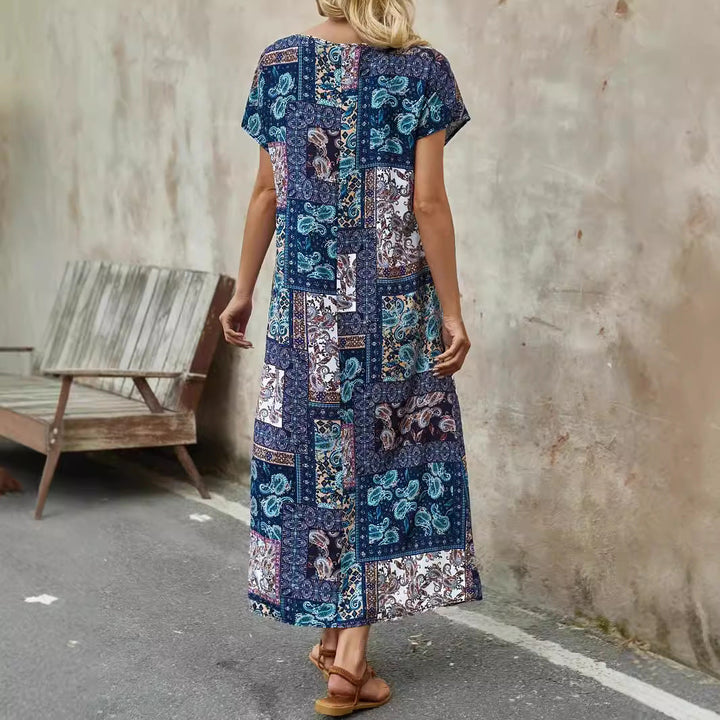 Women’s Midi Dress - Relaxed Fit - Short Sleeve - Paisley Patchwork - Breathable Blend
