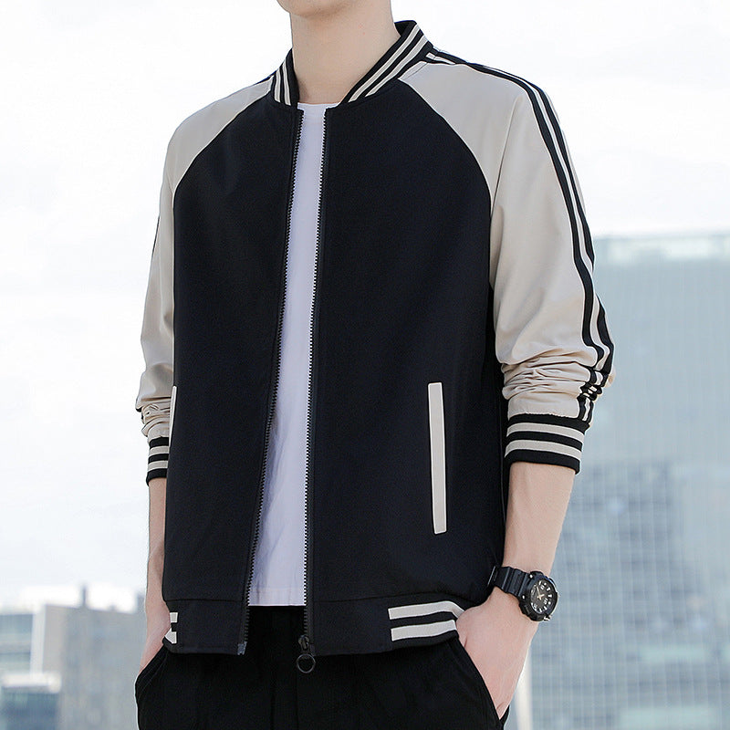 Men’s Bomber Jacket – Relaxed Fit – Zip Front – Ribbed Trim – Striped Sleeve Casual Layer