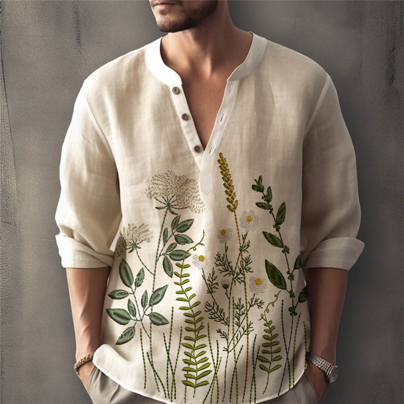 Men’s Shirt – Relaxed Fit – Cotton – Henley Neck – Floral Embroidered – Rolled Sleeve