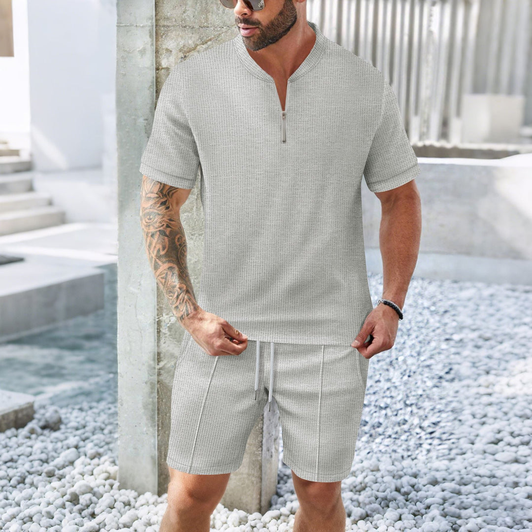Men’s Sport Set – Relaxed Fit – Short Sleeve Zip Top – Drawstring Shorts