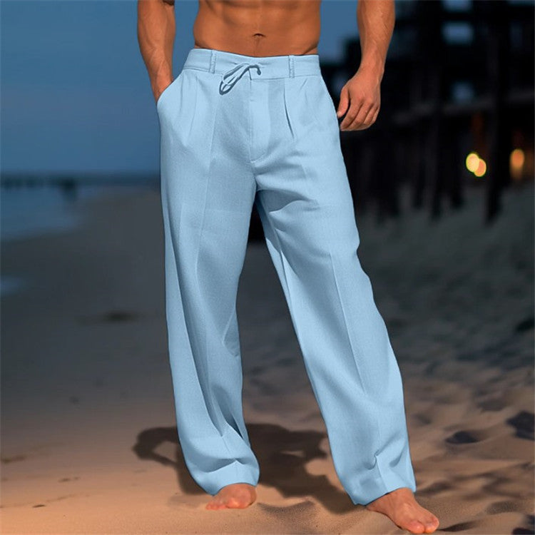 Men’s Casual Pants - Relaxed Fit - Drawstring Waist - Breathable Natural Fibers - Full Length