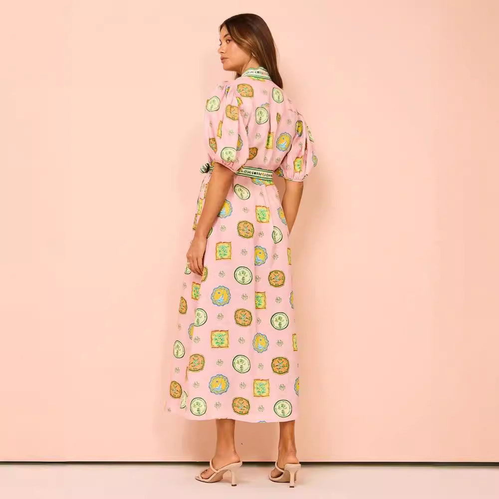 Women’s Midi Dress - Button Down - Puff Sleeve - Belted Waist - Lightweight Breathable Fabric