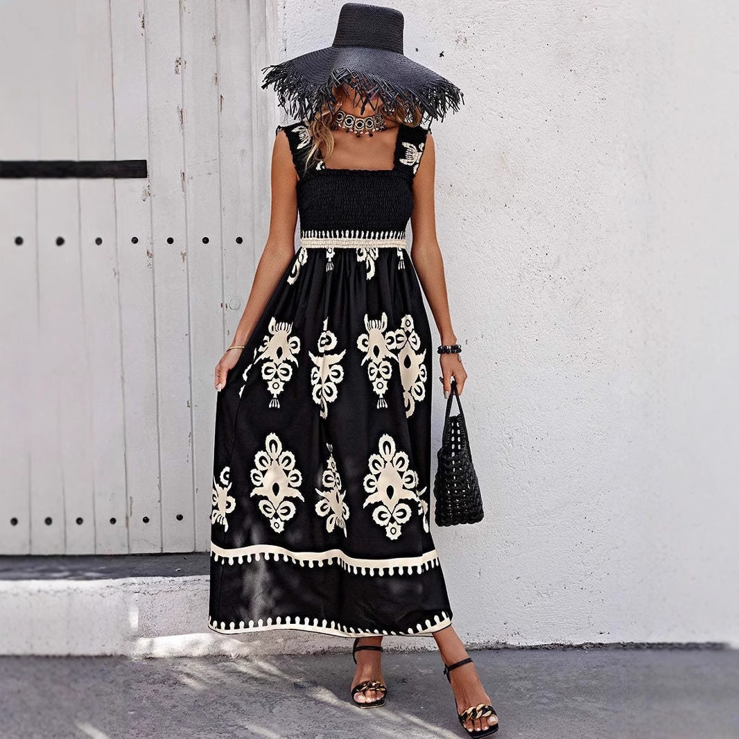 Women's Maxi Dress - Embroidered A-Line - Square Neck - Ruffled Straps - Elegant Fit