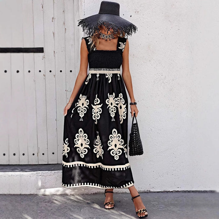 Women's Maxi Dress - Embroidered A-Line - Square Neck - Ruffled Straps - Elegant Fit