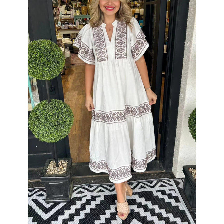 Women’s Midi Dress – Loose Fit – V-Neck – Printed Detail – Pleated Hem – Cotton