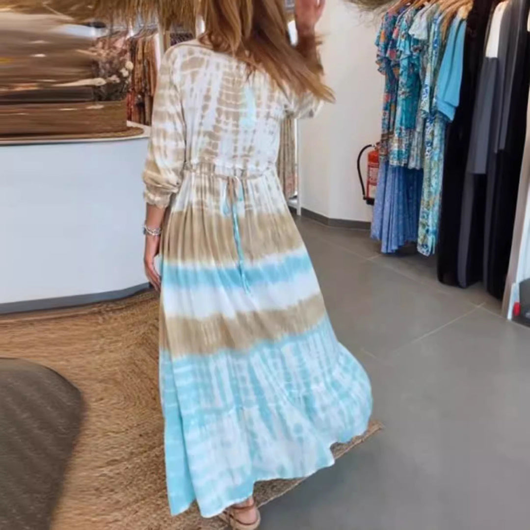 Women’s Kaftan Dress – Natural Fibers – Relaxed Fit – V-Neck – Tie-Dye – Midi Length