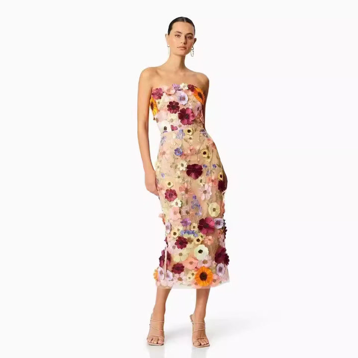 Women’s Strapless Dress – Slim Fit – Sheer Mesh – 3D Floral Appliqué – Midi Length