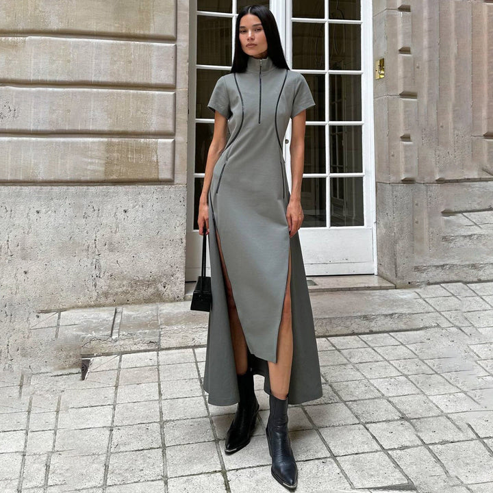Women’s Dress - Tailored Fit - Zipper Front - High Slits - Short Sleeve Structured Style